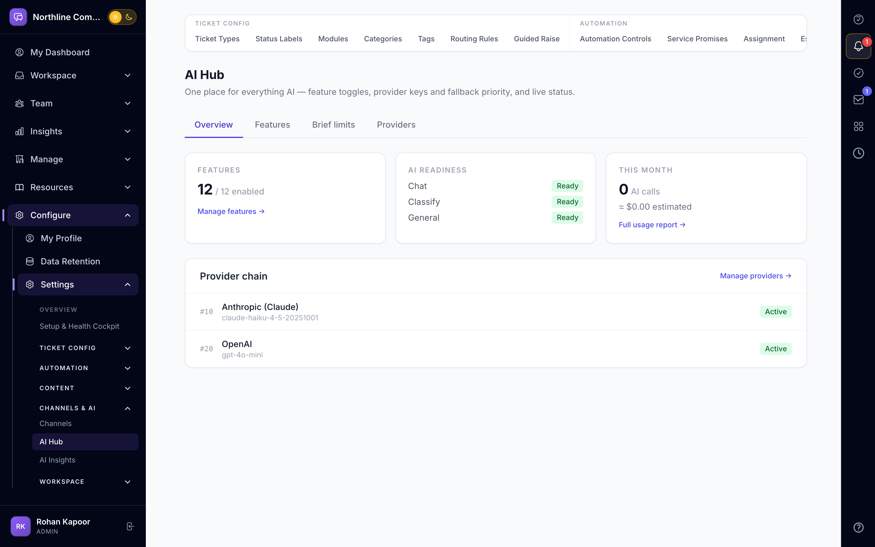 AurDesk AI Hub showing providers, keys and feature switches