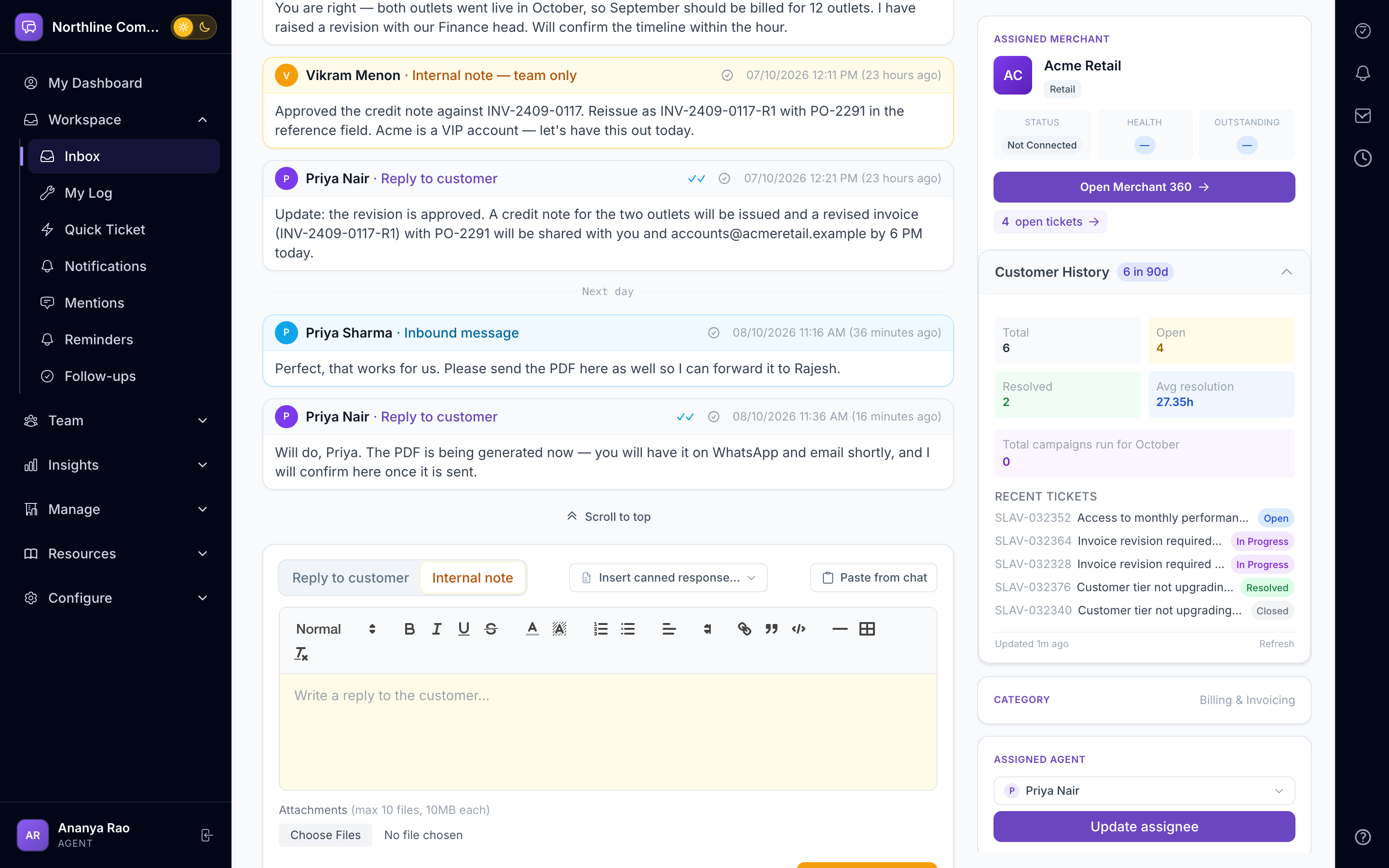 A customer conversation in AurDesk with replies, internal notes and the customer panel