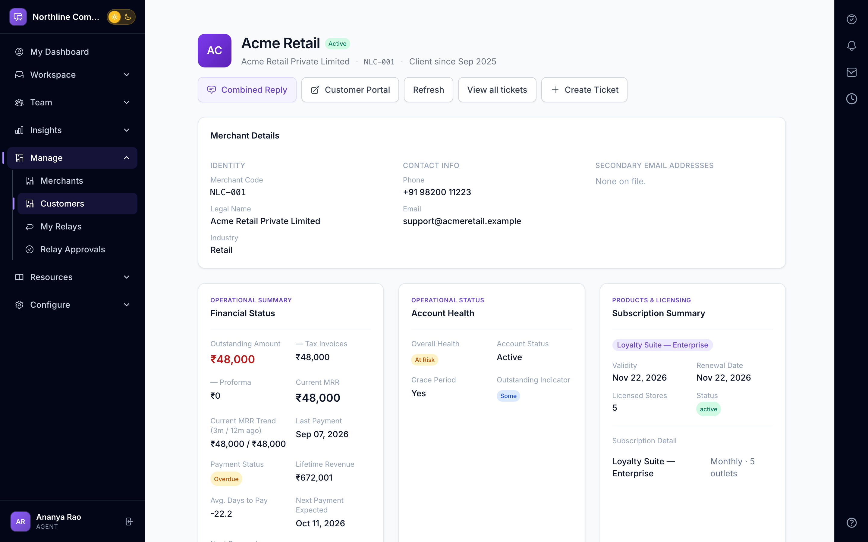 AurDesk customer page with contacts, timeline, commitments and billing panels
