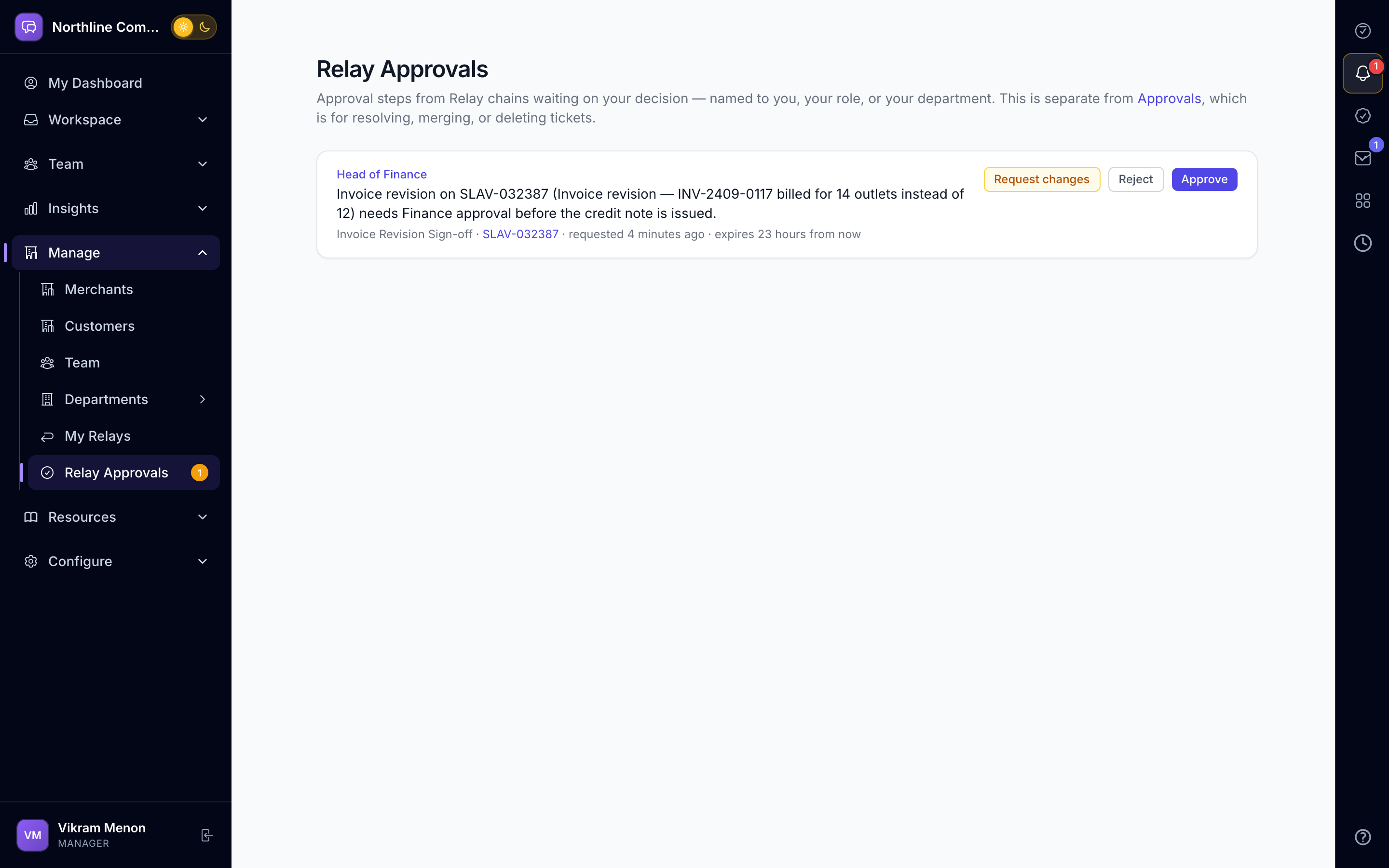 AurDesk Relay Approvals queue — a Finance head approving an invoice revision with Request changes, Reject and Approve
